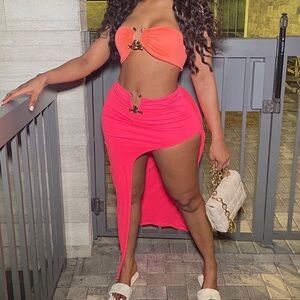 Neon Two Piece Beach Outfit Metal Rings Strapless Crop Top High Split Maxi Skirt